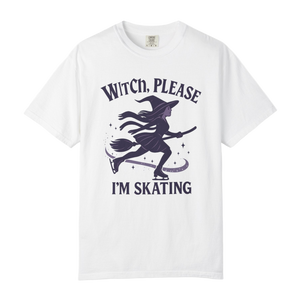 White t-shirt with a witch graphic and text on a white background