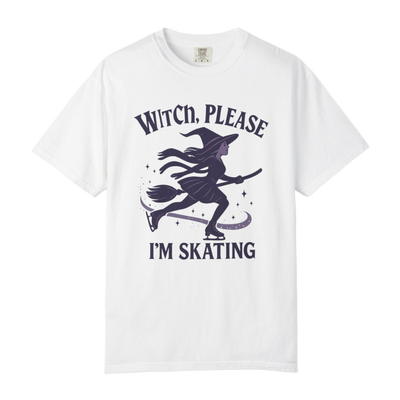 White t-shirt with a witch graphic and text on a white background