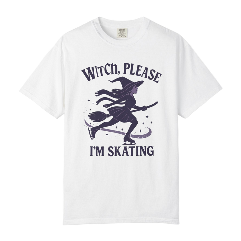 White t-shirt with a witch graphic and text on a white background
