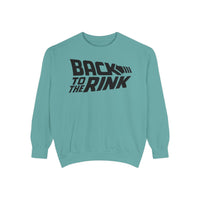 Teal sweatshirt with 'Back to the Rink' text on a white background