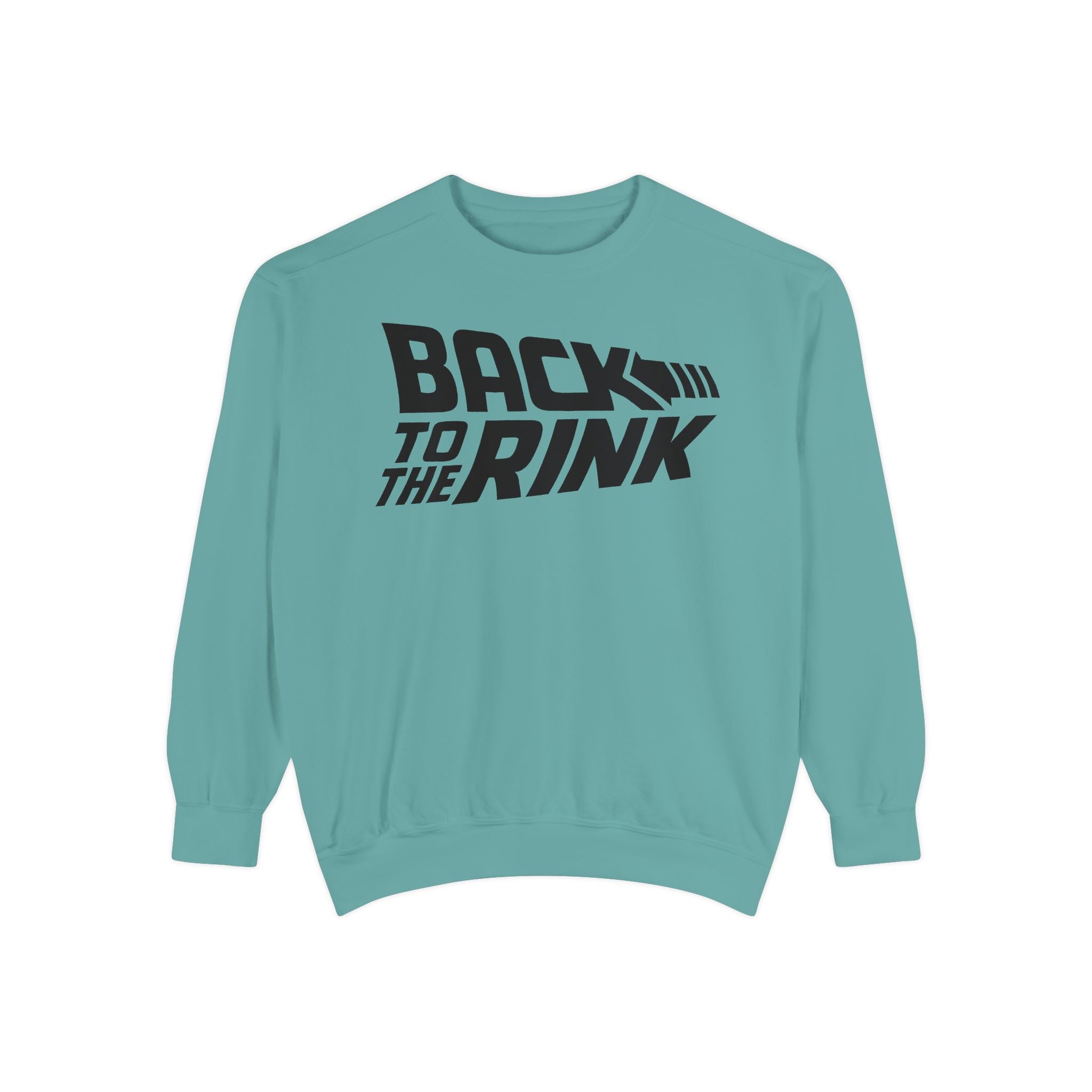Teal sweatshirt with 'Back to the Rink' text on a white background