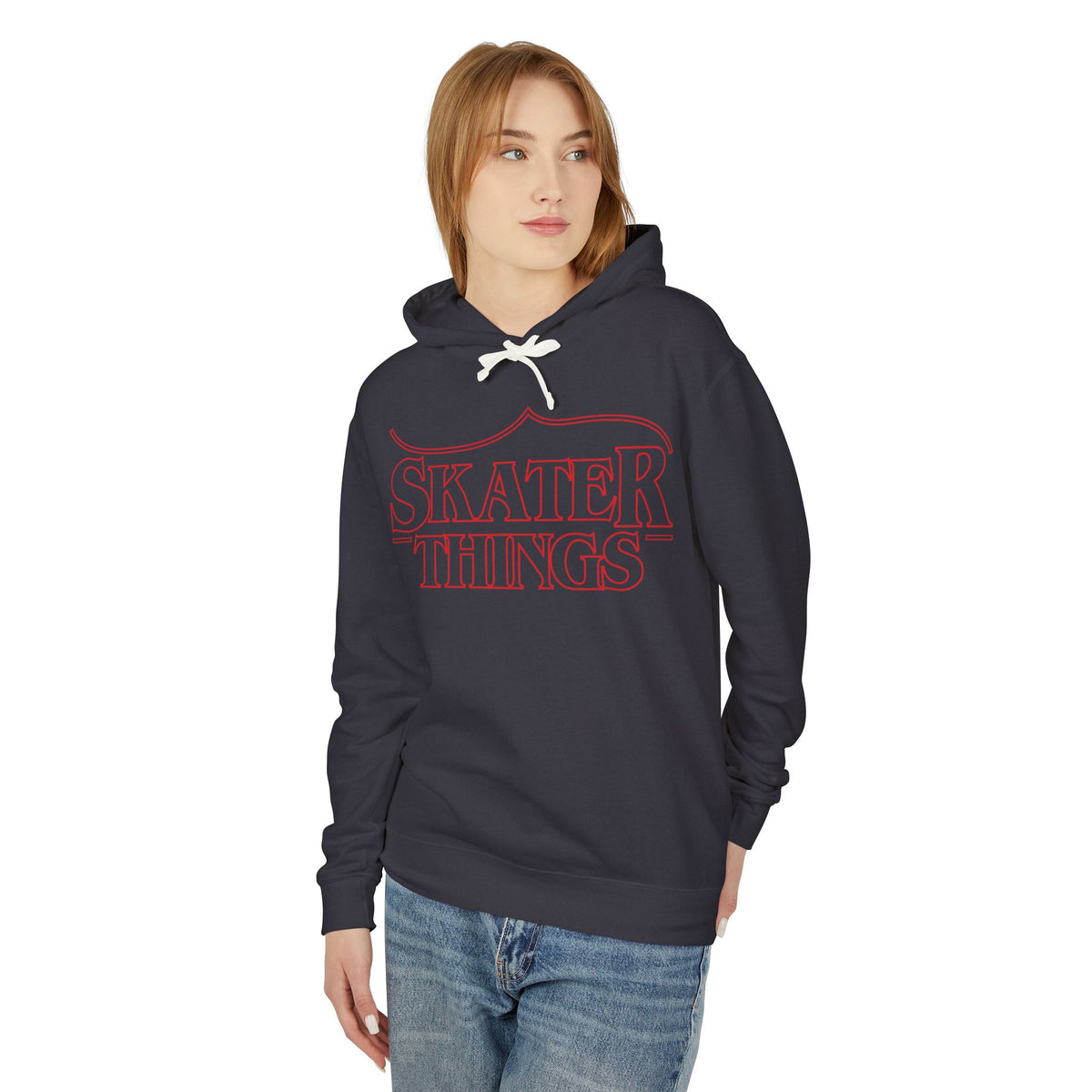 Person wearing a navy hoodie with 'SKATER THINGS' text on a white background
