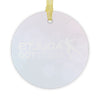 Round white tag with gold text and a yellow ribbon on a white background