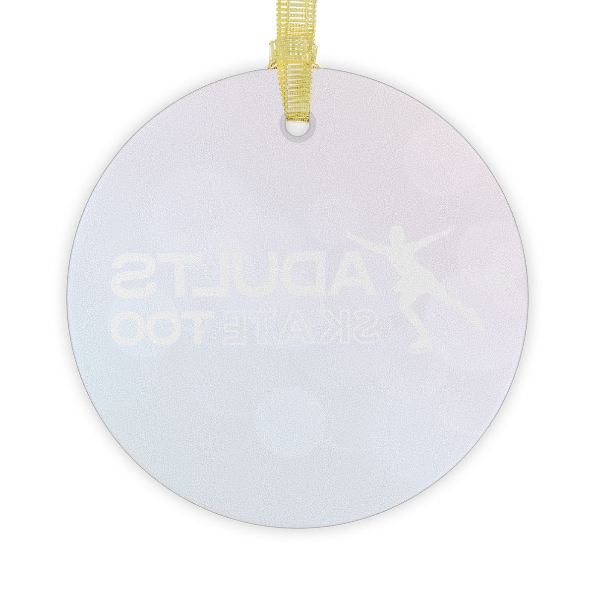 Round white tag with gold text and a yellow ribbon on a white background
