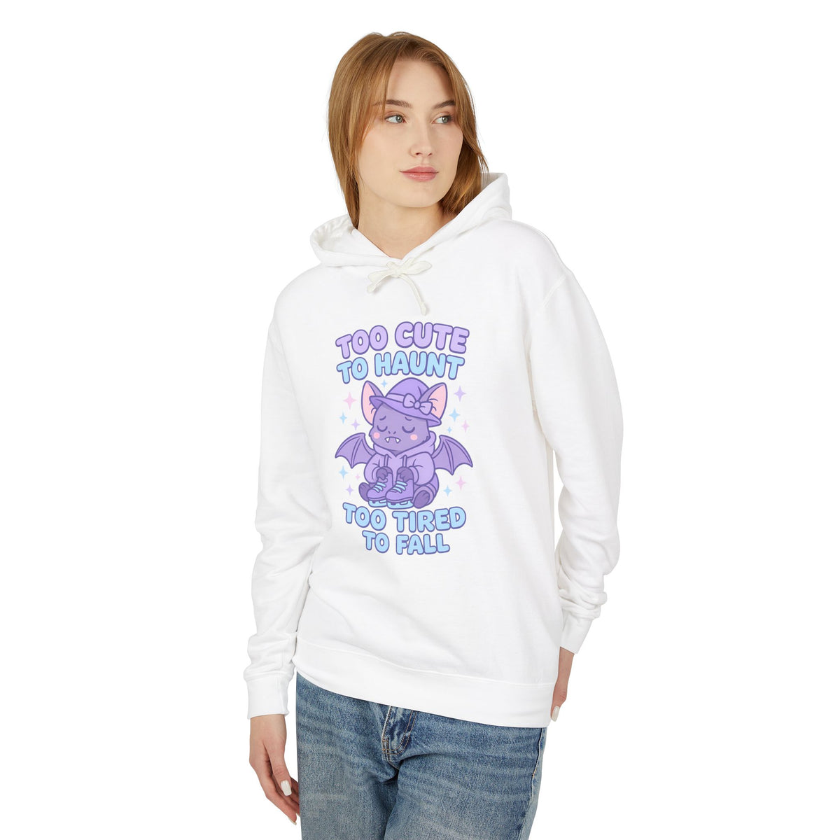 Person wearing a white hoodie with a dragon graphic and text on a white background