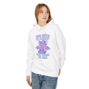 Person wearing a white hoodie with a dragon graphic and text on a white background