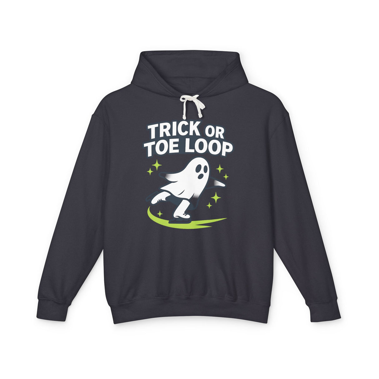 Black hoodie with ghost design and text 'Trick or Toe Loop' on a white background