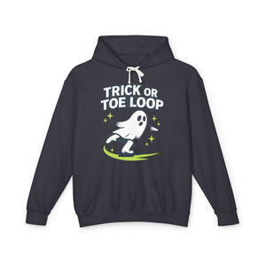 Black hoodie with ghost design and text 'Trick or Toe Loop' on a white background