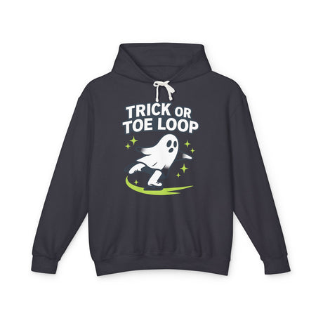 Black hoodie with ghost design and text 'Trick or Toe Loop' on a white background