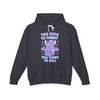 Black hoodie with a cartoon character and text on a white background