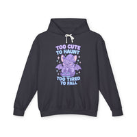 Black hoodie with a cartoon character and text on a white background