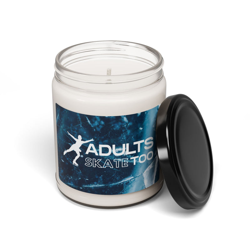 Candle jar with 'Adults Skate Too' label on a white background