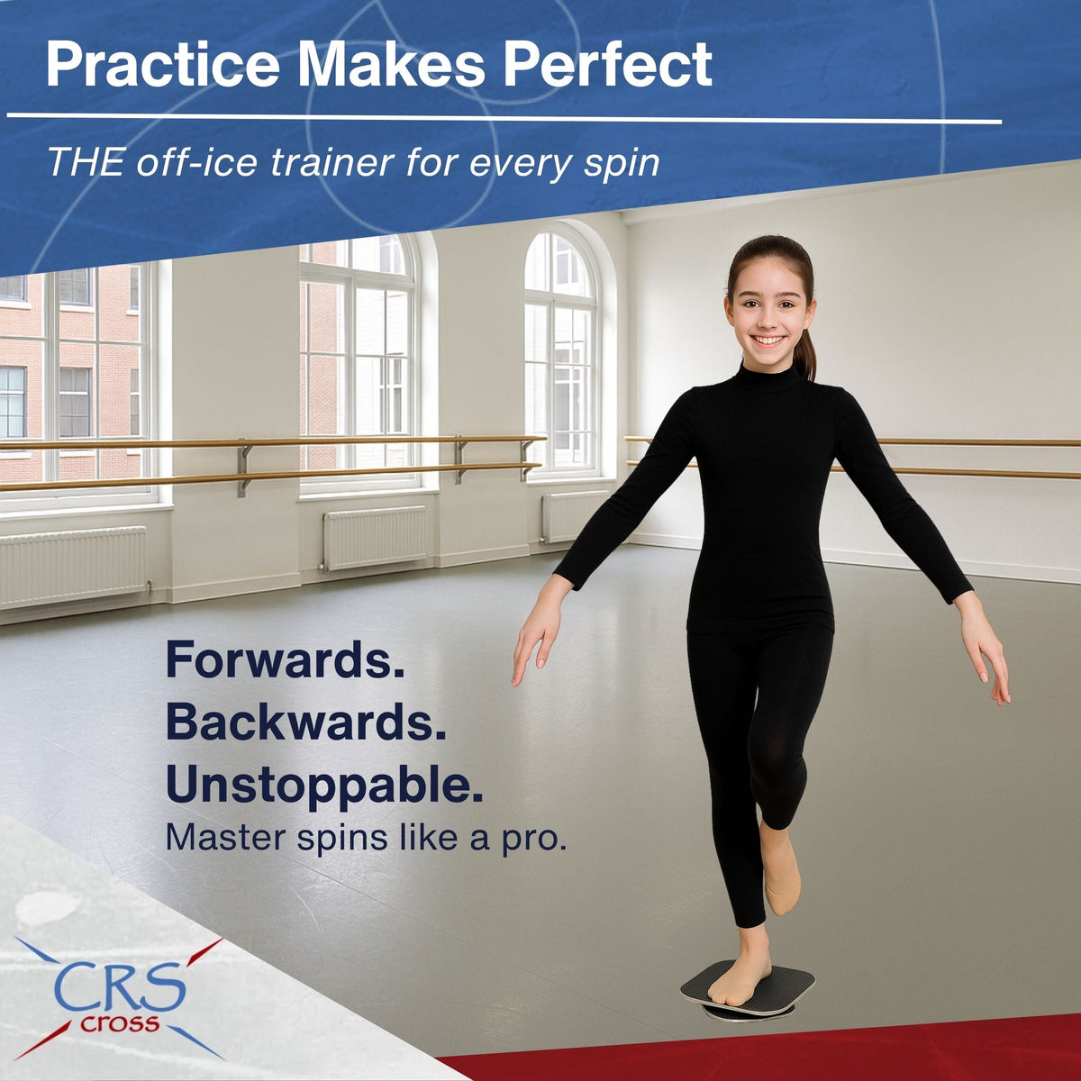 A young skater in black practicing a spin on the CRS Cross spinner in a dance studio
