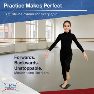 A young skater in black practicing a spin on the CRS Cross spinner in a dance studio