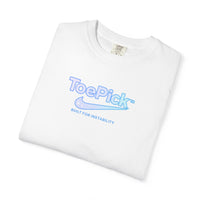 White t-shirt with blue 'ToePick' logo on a white background