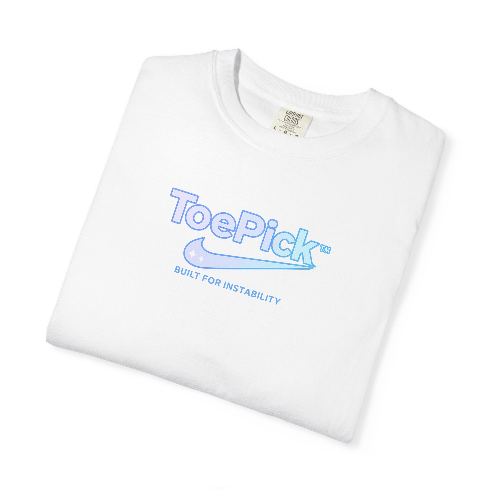 White t-shirt with blue 'ToePick' logo on a white background
