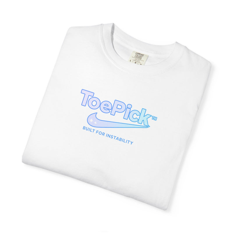White t-shirt with blue 'ToePick' logo on a white background