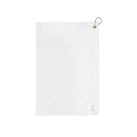 White towel with a gold hook on a white background