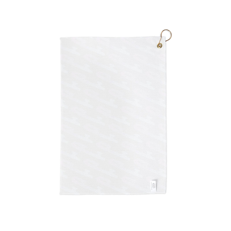 White towel with a gold hook on a white background