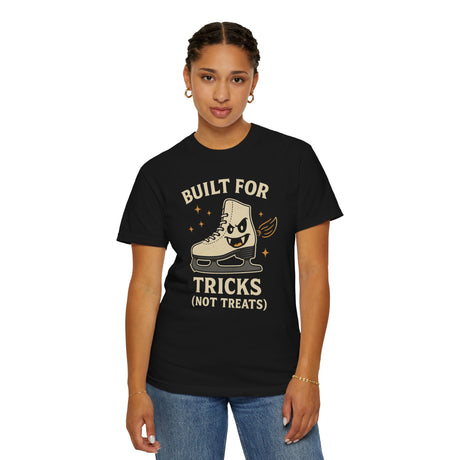 Person wearing a black t-shirt with a graphic and text on a white background