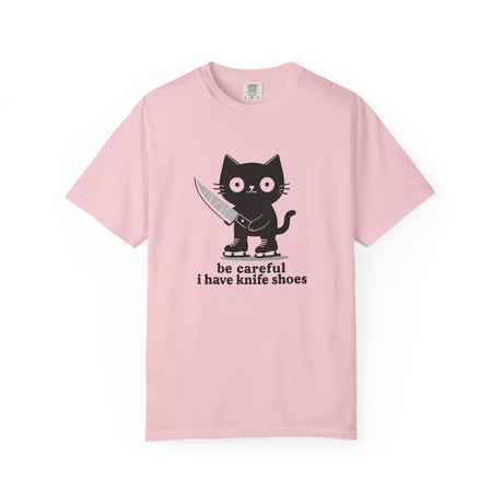 Light pink Knife Shoes Cat tee with a black cat holding a knife in skates and the words be careful i have knife shoes