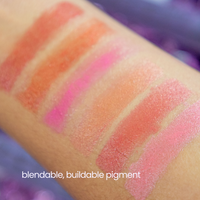 Color swatches on a person's arm with text 'blendable, buildable pigment'.