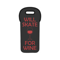 Black wine bag with red text 'WILL SKATE FOR WINE' and a wine glass icon on a white background