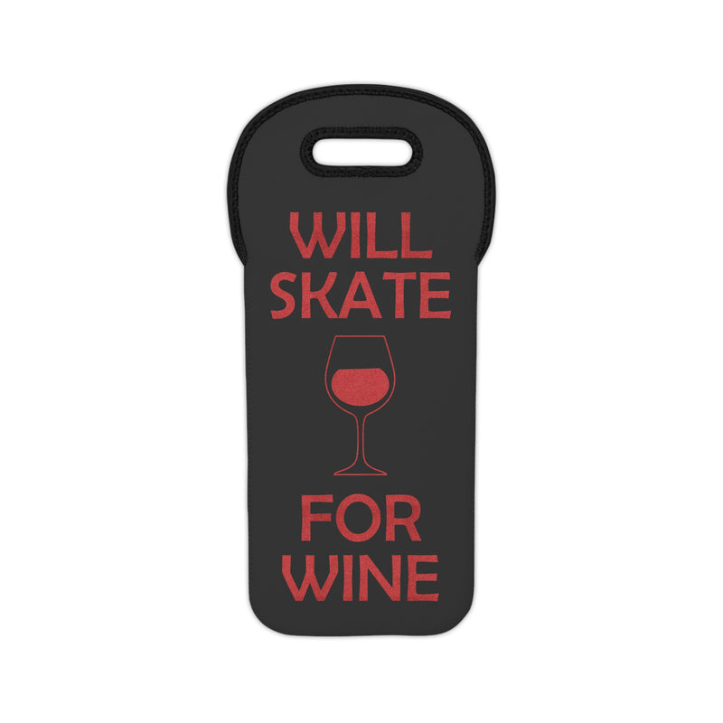Black wine bag with red text 'WILL SKATE FOR WINE' and a wine glass icon on a white background