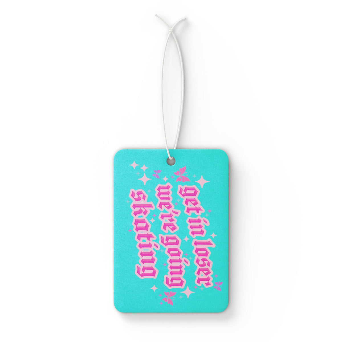 Turquoise tag with pink text and white background
