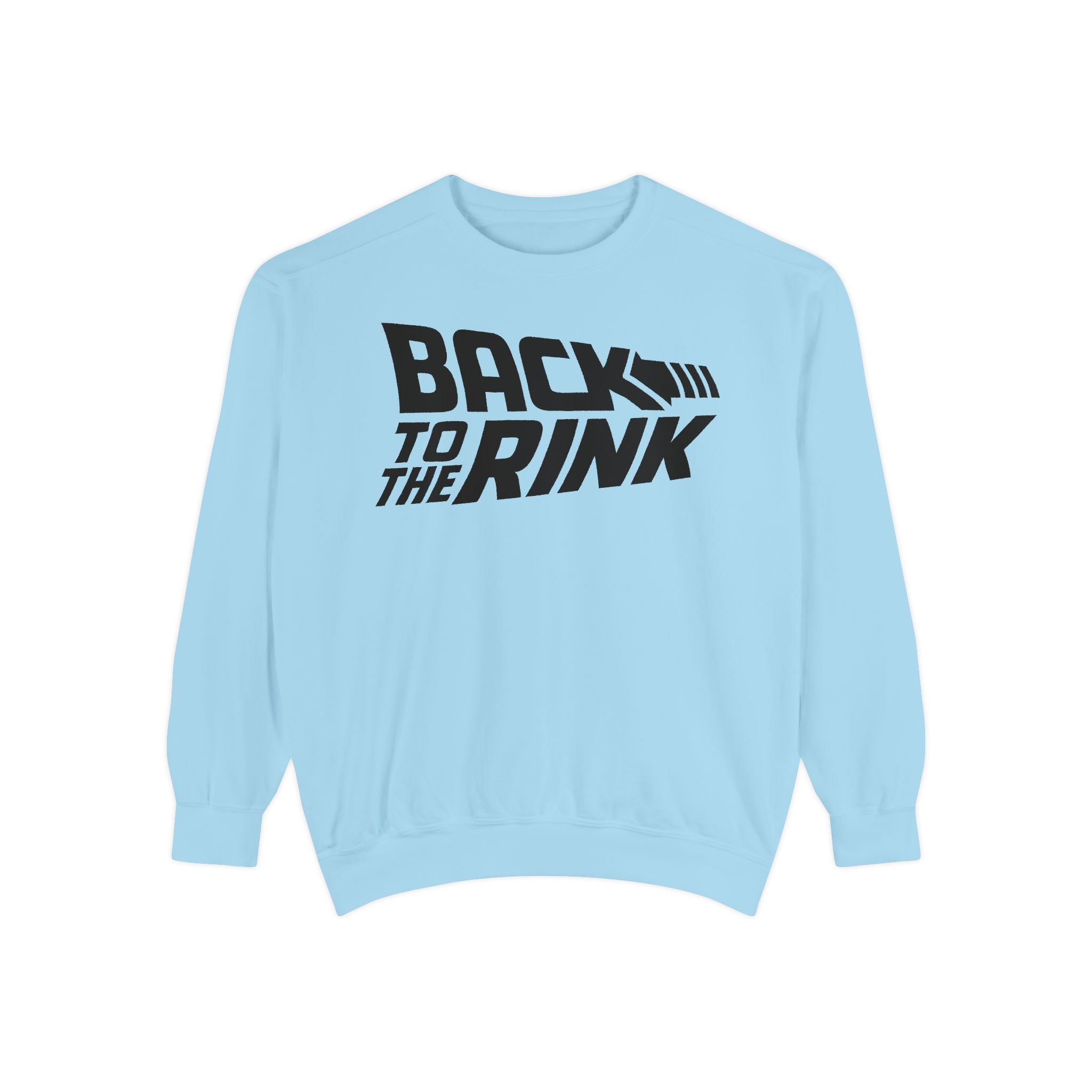 Light blue sweatshirt with 'Back to the Rink' text on a white background