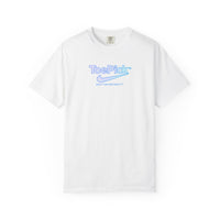 White t-shirt with blue and green text on a white background
