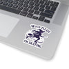 Laptop with a sticker featuring a witch and text 'Witch, Please I'm Skating' on a white background