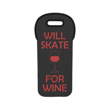 Black wine bag with red text 'WILL SKATE FOR WINE' and a wine glass icon on a white background