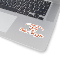 Laptop with a 'Trick or Thwizzle' sticker on the palm rest area