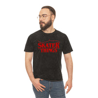 Man wearing a black t-shirt with 'Skater Things' in red text on a white background