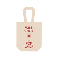 Beige tote bag with red text 'WILL SKATE FOR WINE' and a wine glass icon on a white background