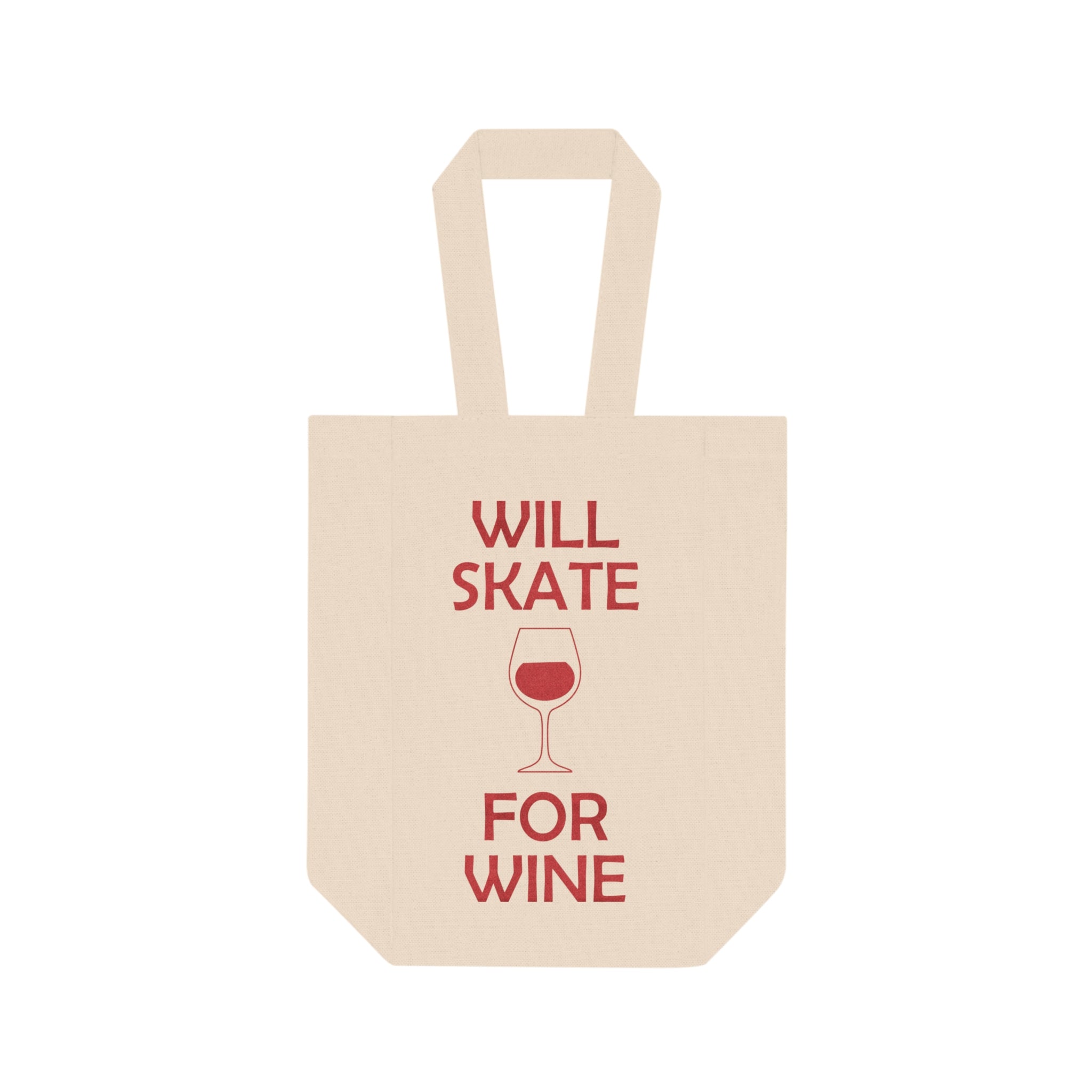 Beige tote bag with red text 'WILL SKATE FOR WINE' and a wine glass icon on a white background