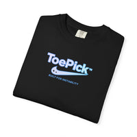 Folded black t-shirt with 'ToePick' logo on a white background