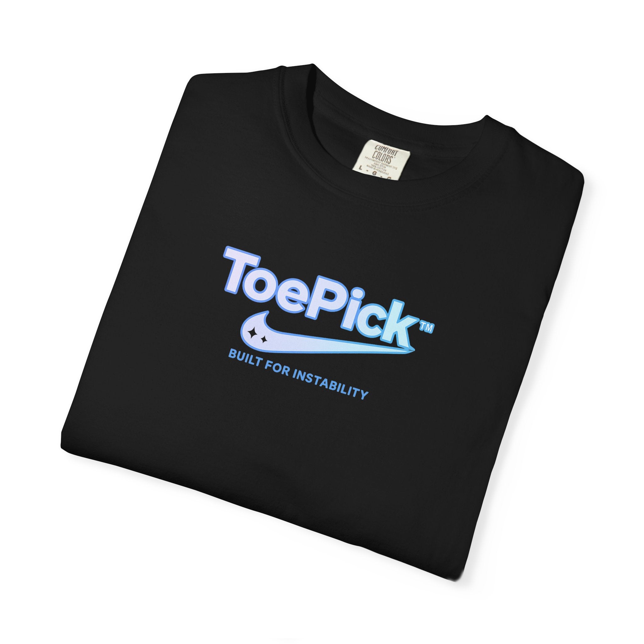 Folded black t-shirt with 'ToePick' logo on a white background