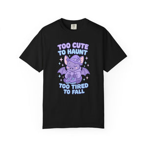 Black t-shirt with a purple dragon graphic and text on a white background
