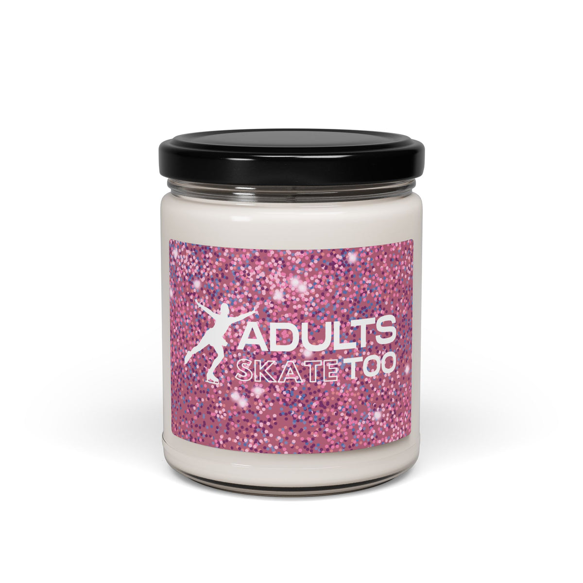 Jar with a pink glittery label and black lid on a white background