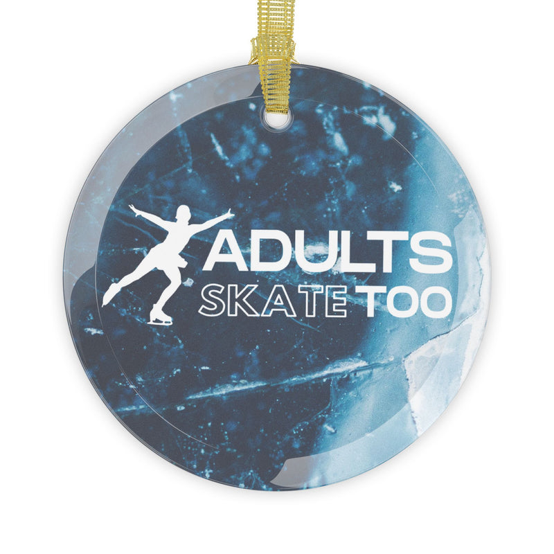 Round blue marble effect ornament with 'Adults Skate Too' text and silhouette of a skater.