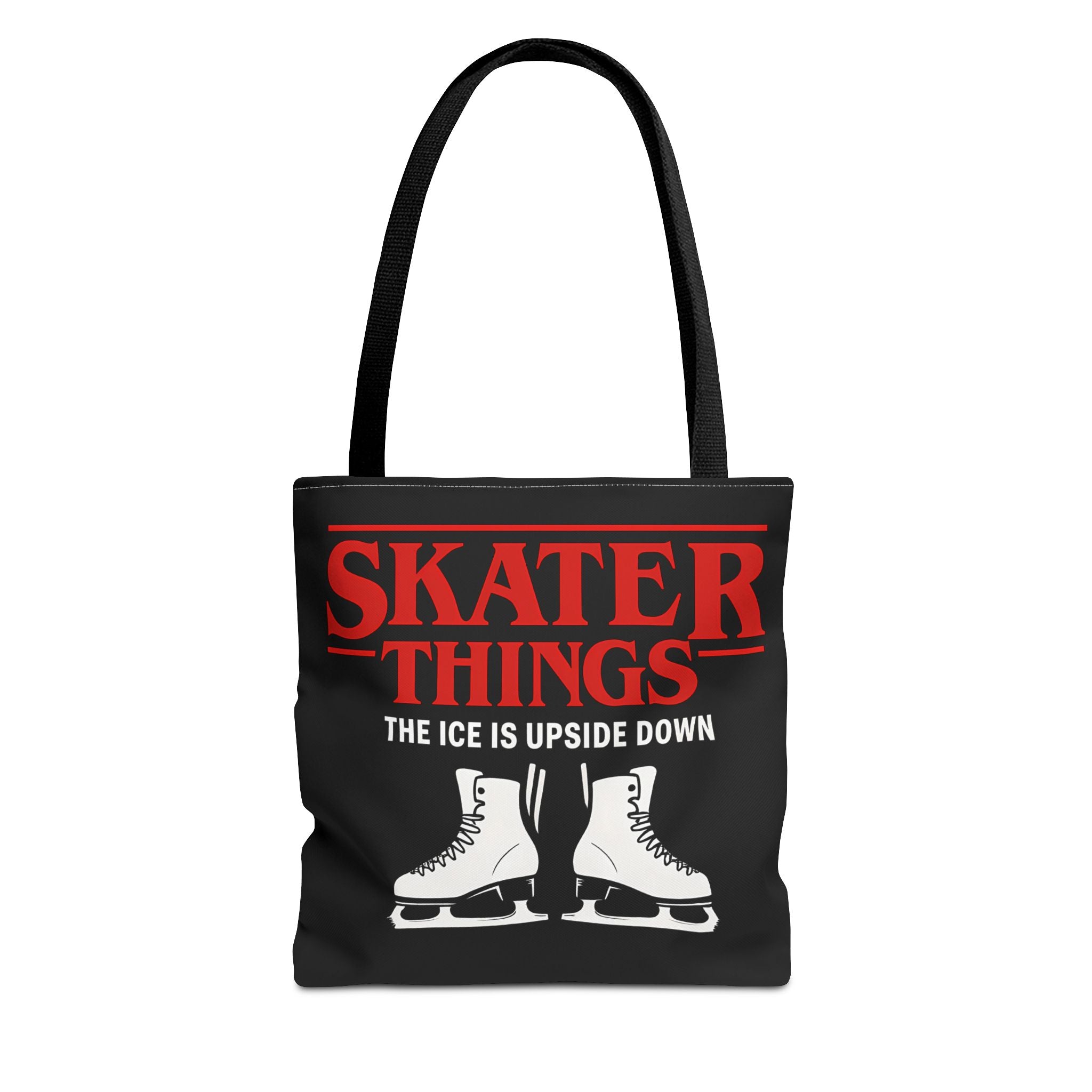 Black tote bag with red and white text and ice skates on a white background