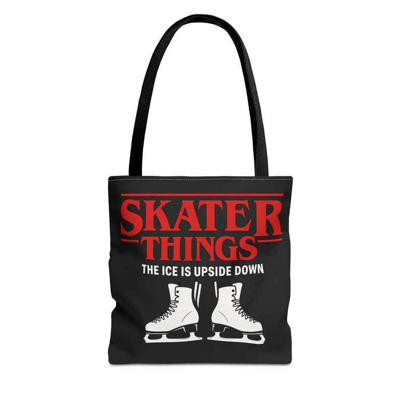 Black tote bag with red and white text and ice skates on a white background