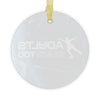 Round white tag with 'ADULT SKATEBOARD' text and a yellow ribbon on a white background