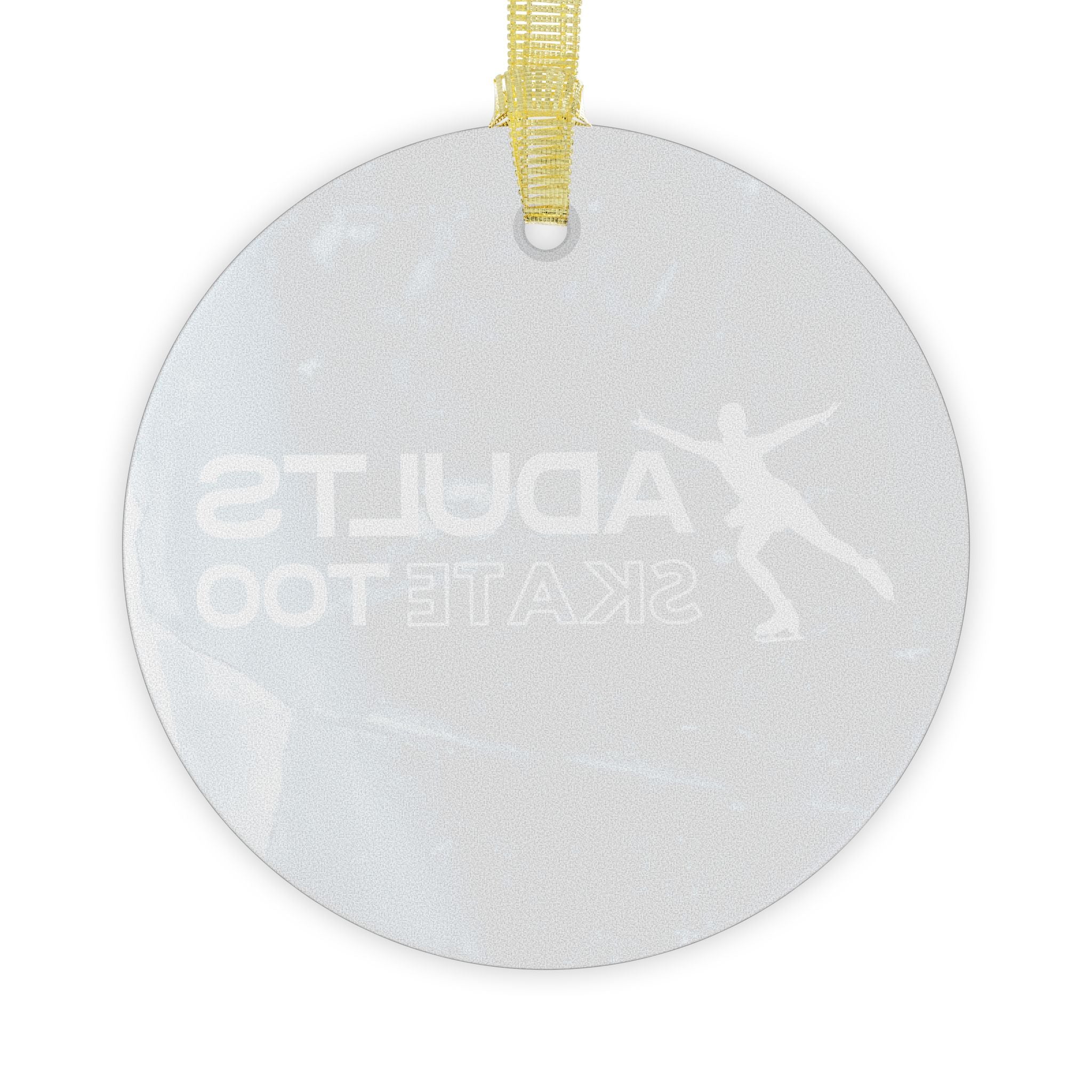 Round white tag with 'ADULT SKATEBOARD' text and a yellow ribbon on a white background