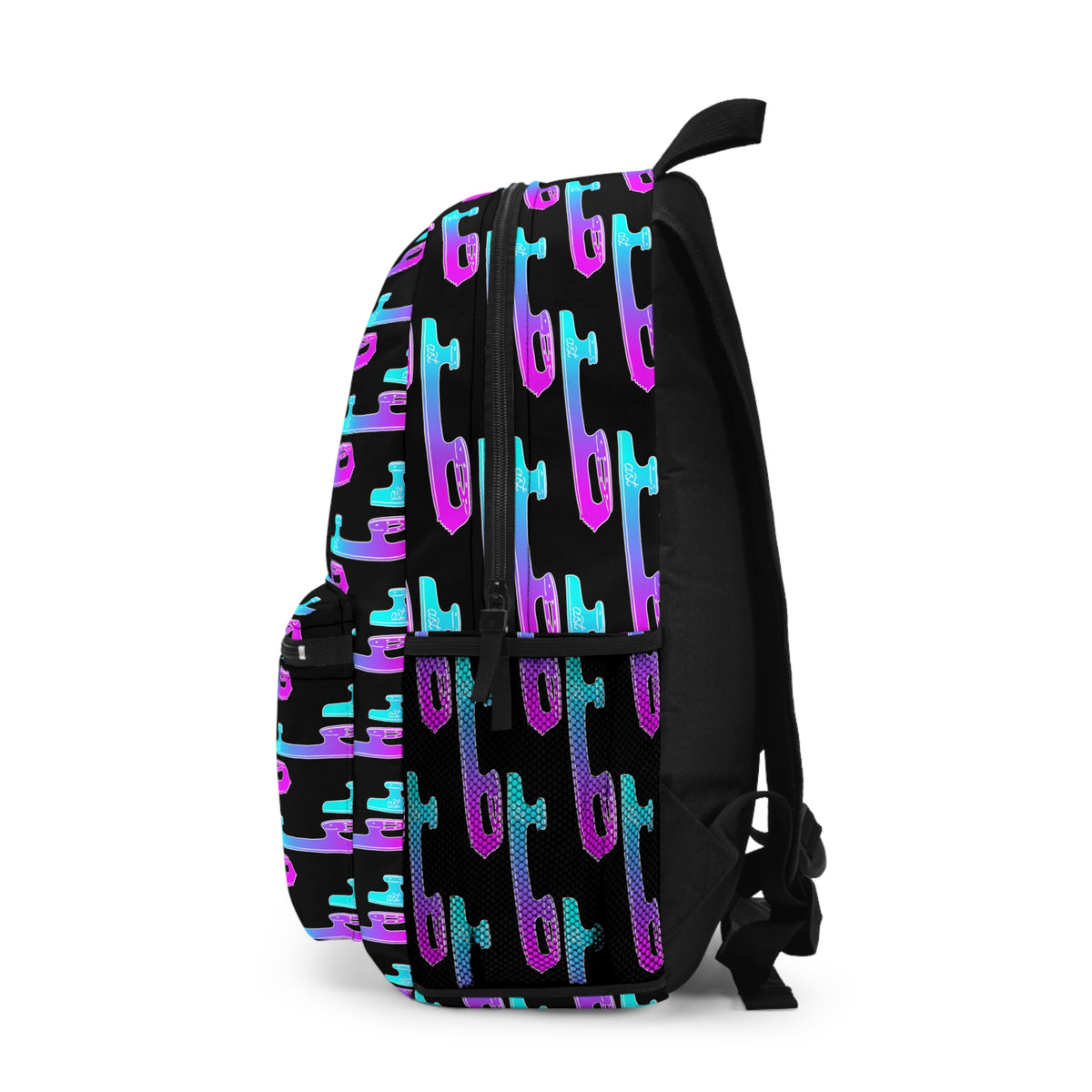 Black backpack with colorful geometric pattern on a white background