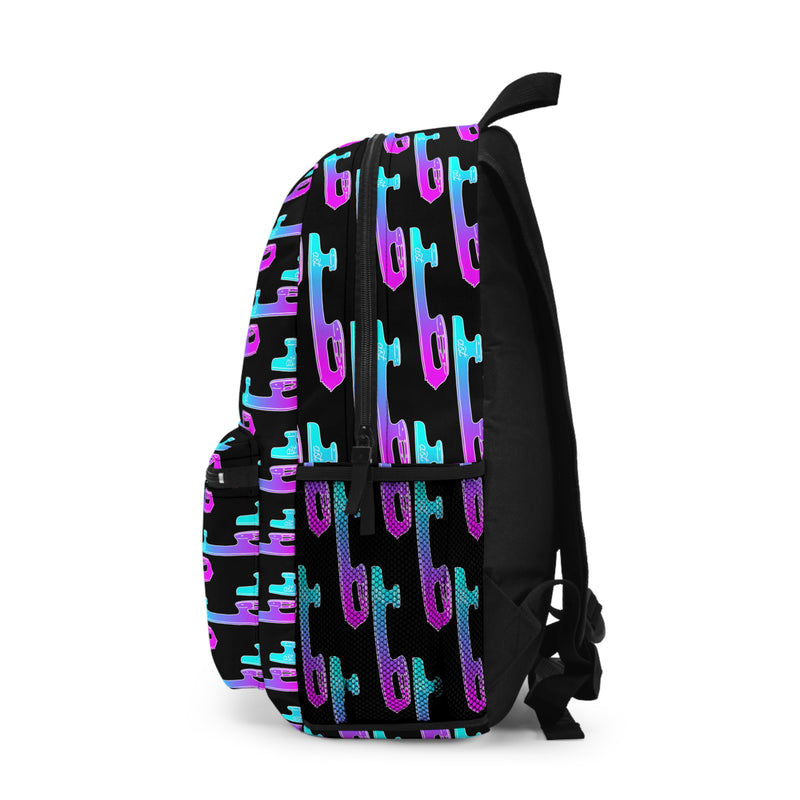 Black backpack with colorful geometric pattern on a white background