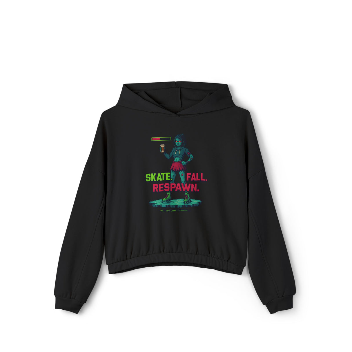 Black hoodie with a graphic design on a white background