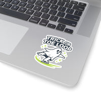 Laptop with a 'Trick or Toe Loop' sticker featuring a ghost character.